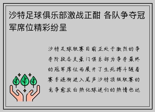 沙特足球俱乐部激战正酣 各队争夺冠军席位精彩纷呈
