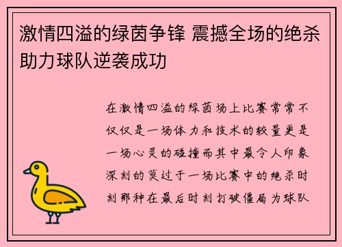 激情四溢的绿茵争锋 震撼全场的绝杀助力球队逆袭成功
