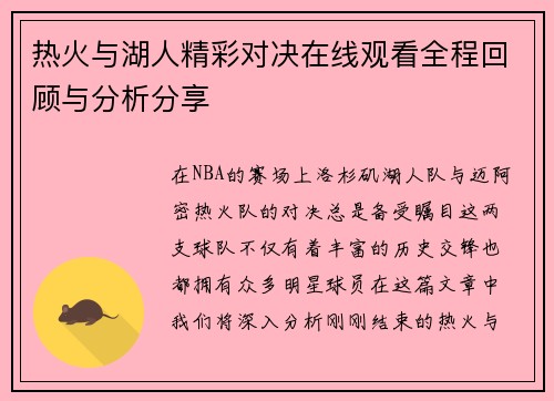 热火与湖人精彩对决在线观看全程回顾与分析分享