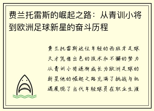 费兰托雷斯的崛起之路：从青训小将到欧洲足球新星的奋斗历程
