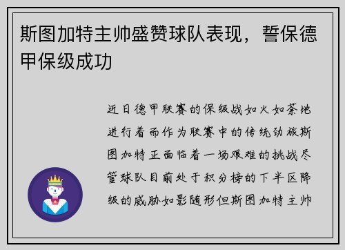 斯图加特主帅盛赞球队表现，誓保德甲保级成功