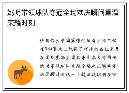 姚明带领球队夺冠全场欢庆瞬间重温荣耀时刻