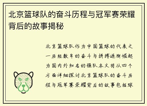 北京篮球队的奋斗历程与冠军赛荣耀背后的故事揭秘